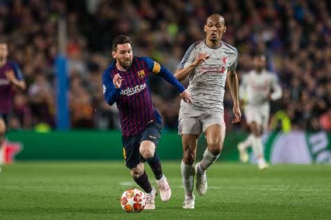 Barcelona, Spain, 01.05.2019, UEFA Champions League - 2018 19 Season, Halblfinale, 2. Runde, FC Barcelona Barca - FC Liverpool, Lionel Messi (Barcelona) and Fabinho (Liverpool) battle for the ball ( DeFodi059