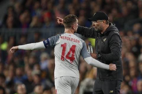 (l-r) Jordan Henderson of Liverpool FC, Liverpool FC coach Jurgen Klopp during the UEFA Champions League semi final match between FC Barcelona Barca and Liverpool FC at Camp Nou on May 01, 2019 in Barcelona, Spain UEFA Champions League 2018 2019 xVIxVIxImagesx xMauricexvanxSteenxIVx 14343232