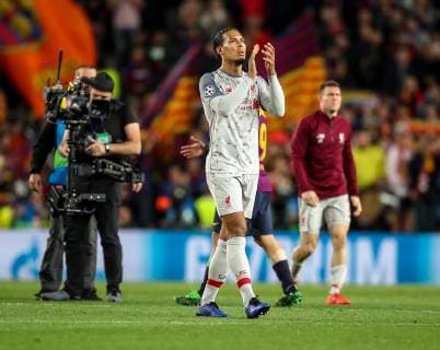 1st May 2019, Camp Nou, Barcelona, Spain; UEFA Champions League football, semi final 1st leg, FC Barcelona Barca versus Liverpool; Virgil van Dijk of Liverpool applauds the Liverpool fans after the final whistle  ActionPlus12129267 StevexFeeney