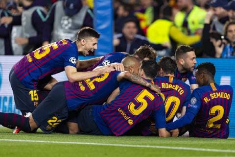 01.05.2019, xslx, Fussball Champions League, FC Barcelona Barca - FC Liverpool emspor, v.l. Lionel Messi (FC Barcelona) Jubelt gemeinsam mit die mitspielern zum 3-0 (DFL DFB REGULATIONS PROHIBIT ANY USE OF PHOTOGRAPHS as IMAGE SEQUENCES and or QUASI-VIDEO) Barcelona