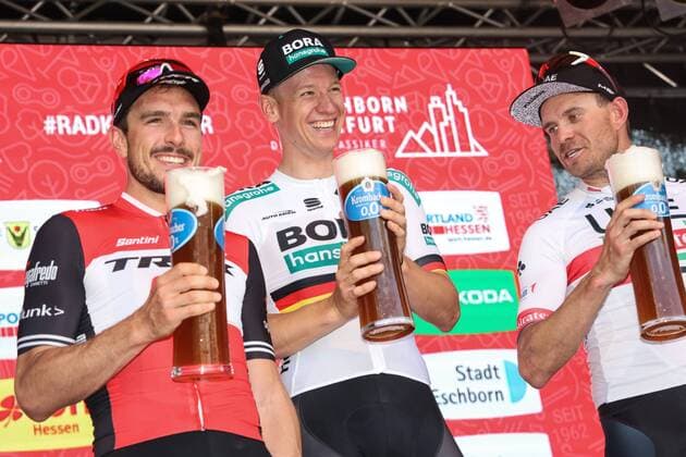 Podium v.l.n.r. (2.) John Degenkolb (GER Trek - Segafredo) - (1.) Pascal Ackermann (GER BORA - hansgrohe ) - (3.) Alexander Kristoff (NOR UAE - Team Emirates) - Siegerehrung - Ehrung - Auszeichnung - Zeremonie - Zelebrierung - Ceremony - Jubel - Freude - Luck - Emotion - Emotionen - Mimik - Mimic - Gestik - Gestic - Querformat - quer - horizontal - Event Veranstaltung: 58. Eschborn Frankfurt -Eschborn nach to Frankfurt am Main 187.5 km - Ort Location: Frankfurt am Main - Region: Hessen - Land Country: Deutschland Germany - Datum Date: 01.05.2019 Cycling Radsport 58. Eschborn Frankfurt 01.05.2019
