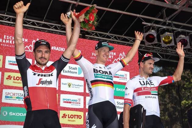 Podium v.l.n.r. (2.) John Degenkolb (GER Trek - Segafredo) - (1.) Pascal Ackermann (GER BORA - hansgrohe ) - (3.) Alexander Kristoff (NOR UAE - Team Emirates) - Siegerehrung - Ehrung - Auszeichnung - Zeremonie - Zelebrierung - Ceremony - Jubel - Freude - Luck - Emotion - Emotionen - Mimik - Mimic - Gestik - Gestic - Querformat - quer - horizontal - Event Veranstaltung: 58. Eschborn Frankfurt -Eschborn nach to Frankfurt am Main 187.5 km - Ort Location: Frankfurt am Main - Region: Hessen - Land Country: Deutschland Germany - Datum Date: 01.05.2019 Cycling Radsport 58. Eschborn Frankfurt 01.05.2019