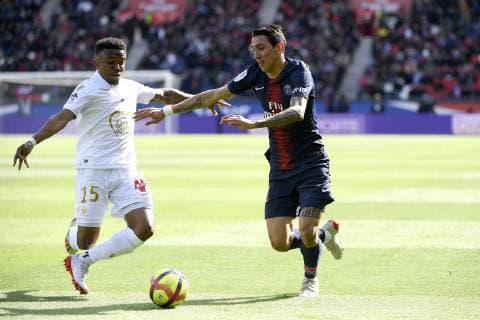 Fußball, Paris Saint Germain - OGC Nizza 11 ANGEL DI MARIA (PSG) - 15 PATRICK BURNER (NICE) FOOTBALL : Paris SG vs Nice - Ligue 1 Conforama - 04 05 2019 FEP Panoramic 
