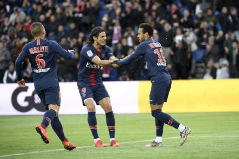 JOIE - 10 NEYMAR JR (PSG) - 09 EDINSON CAVANI (PSG) FOOTBALL : Paris SG vs Nice - Ligue 1 Conforama - 04 05 2019 FEP Panoramic 
