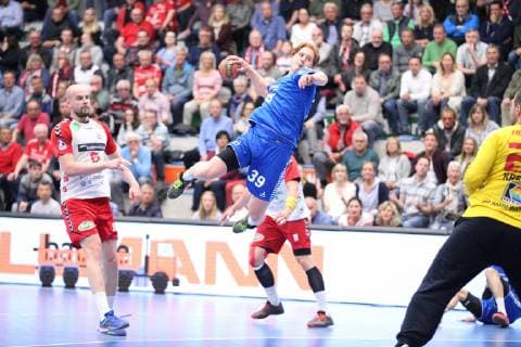 Lukas Stutzke (TSV Bayer Dormagen 39) frei vorm Tor, ASV Hamm-Westfalen vs TSV Bayer Dormagen, Handball, 2. Bundesliga, 04.05.2019, ASV Hamm-Westfalen vs TSV Bayer Dormagen, Handball, 2. Bundesliga, 04.05.2019 Hamm Copyright: xEIBNER JanxStrohdiekx EP_JSK
