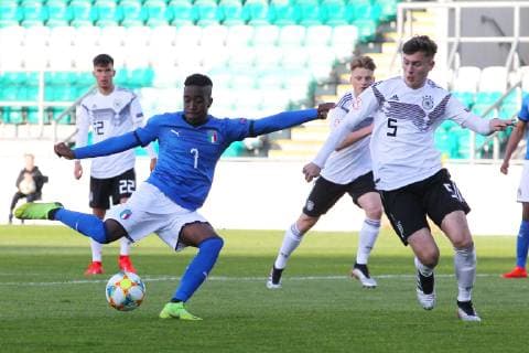 Germany v Italy UEFA EURO EM Europameisterschaft Fussball U17 U 17 Championship Adrien Koudelka of Germany and Franco Tongya of Italy during the UEFA Euro U17 Championship match at Tallaght Stadium, Tallaght Content Not Available For UK Newspapers Copyright: xYannisxHalasx FIL-13210-0037