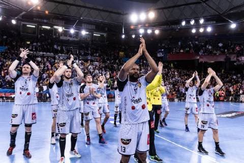May 4, 2019 - Barcelona, Barcelona, Spain - HBC Nantes players during the VELUX EHF Champions League, quarter final, 2nd leg match between FC Barcelona Barca Lassa and HBC Nantes on May 04, 2019 at Palau Blaugrana, in Barcelona, Spain. Handball: VELUX EHF Champions League - FC Barcelona Lassa v HBC Nantes - ZUMAa181 20190504_zaa_a181_541 Copyright: xAFP7x