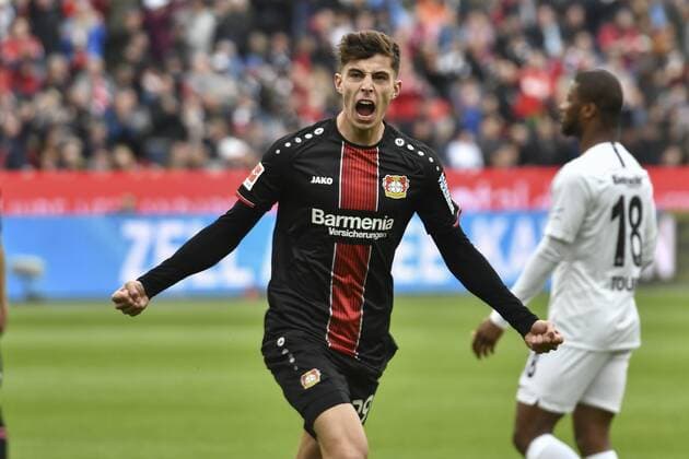 Sport Themen der Woche KW18 Sport Bilder des Tages GER, DFL, 1. BL, Bayer 04 Leverkusen vs Eintracht Frankfurt 05.05.2019, BayArena, Leverkusen, GER, DFL, 1. BL, Bayer 04 Leverkusen vs Eintracht Frankfurt, DFL regulations prohibit any use of photographs as image sequences and or quasi-video im Bild Kai Havertz ( 29, Bayer 04 Leverkusen) jubelt nach seinem Tor zum 1:0 *** GER DFL 1 BL Bayer 04 Leverkusen vs Eintracht Frankfurt 05 05 2019 BayArena Leverkusen GER DFL 1 BL Bayer 04 Leverkusen vs Eintracht Frankfurt DFL regulations prohibit any use of photographs as image sequences and or quasi video in picture Kai Havertz 29 Bayer 04 Leverkusen cheers for his goal to 1 0 nph Mauelshagen nph00321