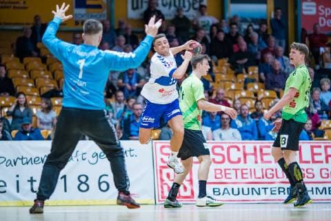 Mark Ferjan 1 (TV Emsdetten), Jan Zahradnicek 33 (Dessau-Rosslauer HV 06), Paul Kalk 14 (TV Emsdetten), Sven Wesseling 24 (TV Emsdetten) waehrend der Begegnung in der Handball 2. Bundesliga (Herren) - Saison 2018-2019 zwischen Dessau-Rosslauer HV 06 und TV Emsdetten in der Anhalt Arena am 5. May 2019 in Dessau-Rosslau, Sachsen Anhalt, Deutschland