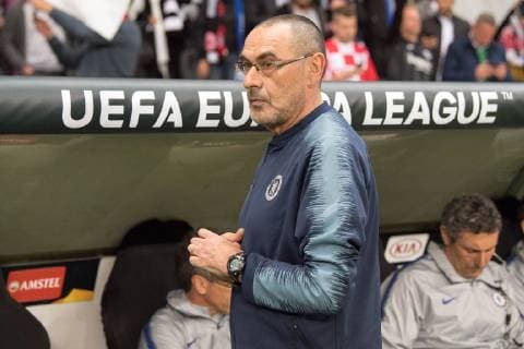 Trainer Maurizio SARRI (Chelsea) steht vor der Trainerbank, Brustbild, Fussball Europa League, Halbfinale, Eintracht Frankfurt (F) - FC Chelsea (Chelsea) 1:1, am 02.05.2019 in Frankfurt Deutschland. Â