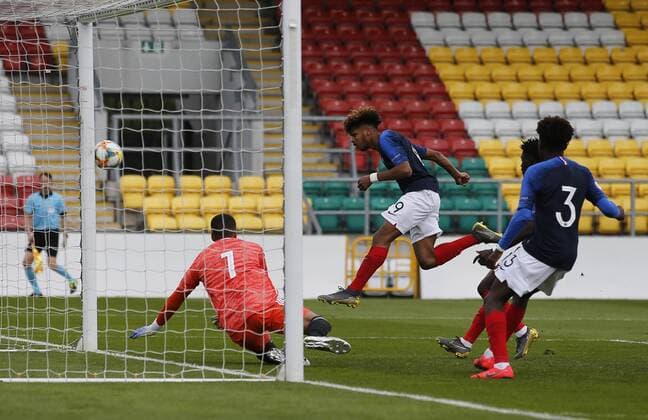 6th May 2019, Tallaght Stadium, Dublin, Ireland; UEFA Under 17 European Football Championships, France versus Sweden; Georginio Rutter of France U17 U 17 sees his header come back after it hits the post  ActionPlus12131920 PeterxFitzpatrick