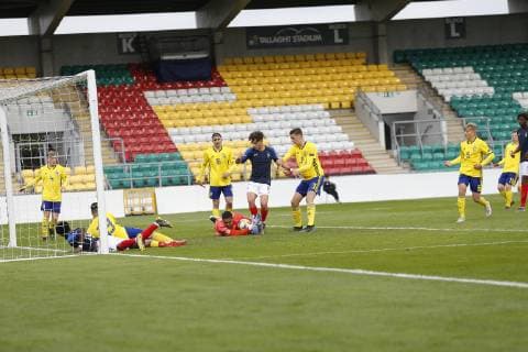6th May 2019, Tallaght Stadium, Dublin, Ireland; UEFA Under 17 European Football Championships, France versus Sweden; Oliver Dovin of Sweden U17 U 17 makes a save at the feet of Adil Aouchiche of France U17  ActionPlus12131924 PeterxFitzpatrick