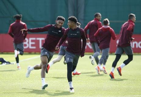 6th May 2019, Liverpool, England; UEFA Champions League football, Liverpool press conference PK Pressekonferenz and training session ahead of their semi final 2nd leg fixture against FC Barcelona Barca Rhian Brewster of Liverpool warms up with Joe Gomez  ActionPlus12132059 AlanxMartin
