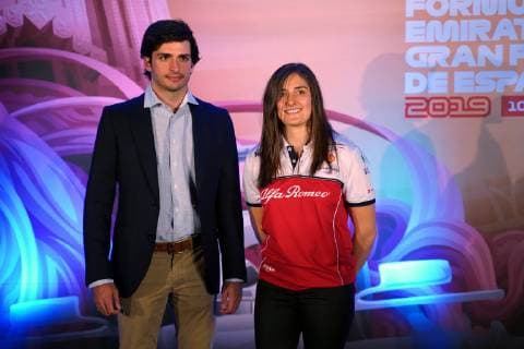 Carlos Sainz McLaren driver and Tatiana Calderon F1 test driver Alfa Romeo Racing at the presentation of the Spanish Grand Prix in Madrid, Monday May 6, 2019 Cordon Press