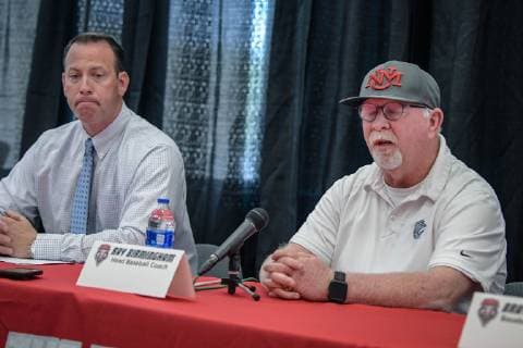 May 6, 2019 - Albuquerque, New Mexico, U.S. - .UNM Athletic Director Eddy Nu ez(Cq),left, and UNM Baseball coach Ray Birmingham(Cq) addressed the media regarding the death of UNM Baseball player Jackson Weller(cq) Monday afternoon during a press conference PK Pressekonferenz .Albuquerque, New Mexico Journal News - May 6, 2019 - ZUMAab1_ 91132154st Copyright: xRobertoxE.xRosalesx