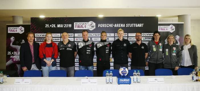Stuttgart , Handball OLYMP Final4 Pressenkonferenz , von links: Christoph Wendt ( HBF ) Meike Schmelzer Herbert Müller ( Thüringer HC ) Andre Fuhr Julia Behnke ( Metzingen ) Kim Naidzinavicius Martin Albertsen ( Bietigheim ) Tanja Logvin Nadine Smit ( Union Halle ) Nadine Schulte ( HBF )
