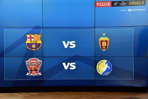 Die Halbfinal Paarung Barca Lassa gegen HC Vardar und Telekom Veszprem HC gegen PGE Vive Kielce am 07.05.2019 in Köln bei der Ziehung der Halbfinalgegner des VELUX EHF Champions League FINAL4 2019, dem Saisonhöhepunkt des europäischen Spitzenhandballs, das am 01. und 02. Juni 2019 in Kökn stattfindet.