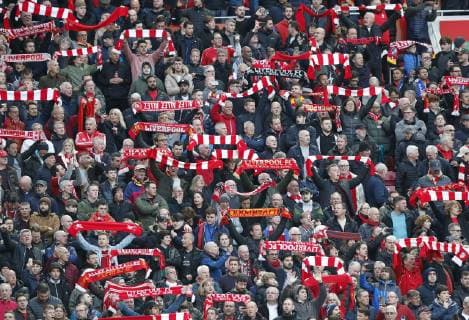Liverpool s fans hold up their scarves during the UEFA Champions League match at Anfield, Liverpool. Picture date: 7th May 2019. Picture credit should read: Darren Staples Sportimage EDITORIAL USE ONLY. No use with unauthorised audio, video, data, fixture lists, club league logos or live services. Online in-match use limited to 120 images, no video emulation. No use in betting, games or single club league player publications. SPI-0072-0021