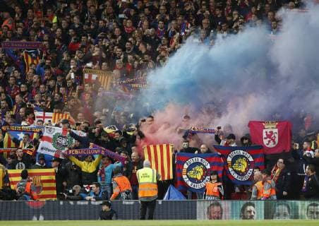 Barcelona s fans during the UEFA Champions League match at Anfield, Liverpool. Picture date: 7th May 2019. Picture credit should read: Darren Staples Sportimage EDITORIAL USE ONLY. No use with unauthorised audio, video, data, fixture lists, club league logos or live services. Online in-match use limited to 120 images, no video emulation. No use in betting, games or single club league player publications. SPI-0072-0023