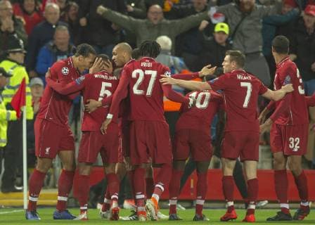 Liverpool, United Kingdom, 07.05.2019, UEFA Champions League - 2018 19 Season, Halbfinale, 2. Runde, FC Liverpool - FC Barcelona Barca Georginio Wijnaldum (Liverpool) celebrates his goal with team mates ( DeFodi056