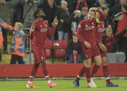 Liverpool, United Kingdom, 07.05.2019, UEFA Champions League - 2018 19 Season, Halbfinale, 2. Runde, FC Liverpool - FC Barcelona Barca Divock Origi (Liverpool) celebrates after scoring his team s fourth goal with team mates ( DeFodi056