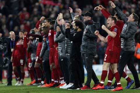 Liverpool s players and Jurgen Klopp celebrate at the final whistle during the UEFA Champions League match at Anfield, Liverpool. Picture date: 7th May 2019. Picture credit should read: Darren Staples Sportimage EDITORIAL USE ONLY. No use with unauthorised audio, video, data, fixture lists, club league logos or live services. Online in-match use limited to 120 images, no video emulation. No use in betting, games or single club league player publications. SPI-0072-0068