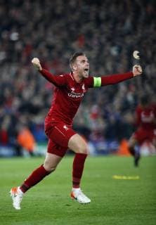 Football - 2018 2019 UEFA Champions League - Semi-Final, Second Leg: Liverpool (0) vs. Barcelona (3) Jordan Henderson of Liverpool celebrates winning the match at Anfield. COLORSPORT LYNNE CAMERON 