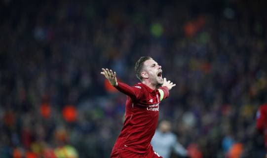 Football - 2018 2019 UEFA Champions League - Semi-Final, Second Leg: Liverpool (0) vs. Barcelona (3) Jordan Henderson of Liverpool celebrates winning the match at Anfield. COLORSPORT LYNNE CAMERON 