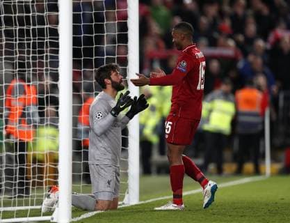 Liverpool s Alisson and Daniel Surridge celebrate at the final whistle during the UEFA Champions League match at Anfield, Liverpool. Picture date: 7th May 2019. Picture credit should read: Darren Staples Sportimage EDITORIAL USE ONLY. No use with unauthorised audio, video, data, fixture lists, club league logos or live services. Online in-match use limited to 120 images, no video emulation. No use in betting, games or single club league player publications. SPI-0072-0078