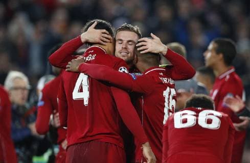 Football - 2018 2019 UEFA Champions League - Semi-Final, Second Leg: Liverpool (0) vs. Barcelona (3) Jordan Henderson of Liverpool celebrates winning the match at Anfield. COLORSPORT LYNNE CAMERON 