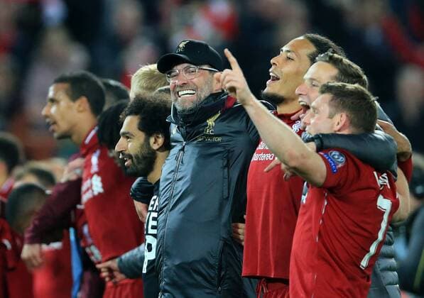 7th May 2019, Anfield, Liverpool, England; UEFA Champions League football, semi final second leg, Liverpool versus FC Barcelona Barca Liverpool manager Jurgen Klopp celebrates after the final whistle with Mohamed Salah of Liverpool and Virgil van Dijk of Liverpool in front of the Kop as they sing You ll Never Walk Alone  ActionPlus12132192 DavidxBlunsden