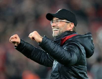 7th May 2019, Anfield, Liverpool, England; UEFA Champions League football, semi final second leg, Liverpool versus FC Barcelona Barca Liverpool manager Jurgen Klopp punches the air in front of the Kop at the end of the match  ActionPlus12132200 DavidxBlunsden