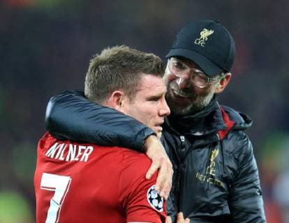 7th May 2019, Anfield, Liverpool, England; UEFA Champions League football, semi final second leg, Liverpool versus FC Barcelona Barca Liverpool manager Jurgen Klopp hugs James Milner of Liverpool as the Liverpool players celebrate at the end of the match  ActionPlus12132225 DavidxBlunsden