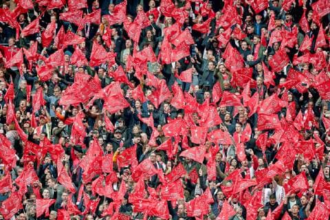 AMSTERDAM, 08-05-2019 Stadium Johan CruyffArena, Season 2018 2019 Champions League semi final second leg. Flags on the stands of Ajax before the game Ajax - Tottenham Hotspur . Ajax - Tottenham Hotspur  x3350136x Copyright: