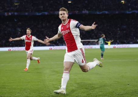 Matthijs de Ligt of Ajax celebrates scoring the first goal of the match during the UEFA Champions League match at the Johan Cruyff Arena, Amsterdam. Picture date: 8th May 2019. Picture credit should read: David Klein Sportimage EDITORIAL USE ONLY. No use with unauthorised audio, video, data, fixture lists, club league logos or live services. Online in-match use limited to 120 images, no video emulation. No use in betting, games or single club league player publications. SPI-0075-0015