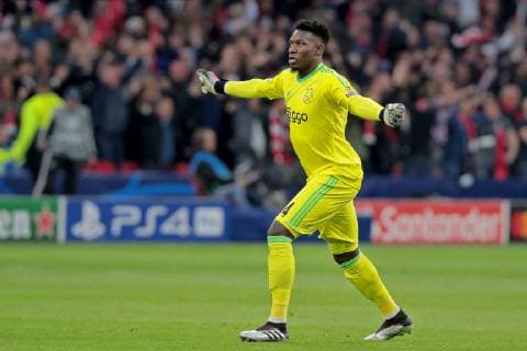 AMSTERDAM, 08-05-2019 Stadium Johan CruyffArena, Season 2018 2019 Champions League semi final second leg. Ajax goalkeeper Andre Onana celebrating the 1-0 during the game Ajax - Tottenham Hotspur . Ajax - Tottenham Hotspur  x3350243x Copyright: