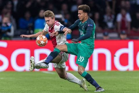 (L-R) Matthijs de Ligt of Ajax, Dele Alli of Tottenham Hotspur during the UEFA Champions League semi final match Ajax Amsterdam and Tottenham Hotspur FC at the Johan Cruijff Arena on May 08, 2019 in Amsterdam, The Netherlands UEFA Champions League 2018 2019 xVIxVIxImagesx xGerritxvanxKeulenxIVx 14402820