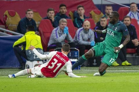 Champions League 2018-2019 Ajax - Tottenham Hotspur Semi Final 08-05-2019: Voetbal: Ajax v Tottenham Hotspur: Amsterdam Nicolas Tagliafico of Ajax, Moussa Sissoko of Tottenham Hotspur