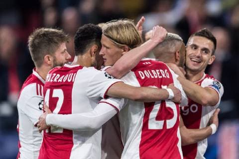 Ajax celebrate the goal of Hakim Ziyech of Ajax during the UEFA Champions League semi final match Ajax Amsterdam and Tottenham Hotspur FC at the Johan Cruijff Arena on May 08, 2019 in Amsterdam, The Netherlands UEFA Champions League 2018 2019 xVIxVIxImagesx xGerritxvanxKeulenxIVx 14402909