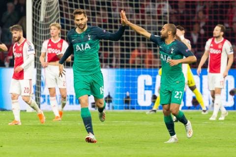 Amsterdam, Netherlands, 08.05.2019, UEFA Champions League - 2018 19 Season, Halbfinale, Semi-finals, 2nd leg, Ajax Amsterdam - Tottenham Hotspur FC, Lucas Moura (Tottenham Hotspur) Torjubel, jubelt nach seinem treffer zum 2:2, celebrates after scoring his team s second goal with Fernando Llorente (Tottenham Hotspur) ( DeFodi001
