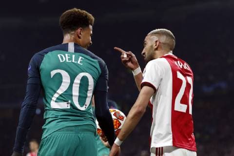 (l-r) Hakim Ziyech of Ajax, Dele Alli of Tottenham Hotspur FC during the UEFA Champions League semi final match Ajax Amsterdam and Tottenham Hotspur FC at the Johan Cruijff Arena on May 08, 2019 in Amsterdam, The Netherlands UEFA Champions League 2018 2019 xVIxVIxImagesx xMauricexvanxSteenxIVx 14403380