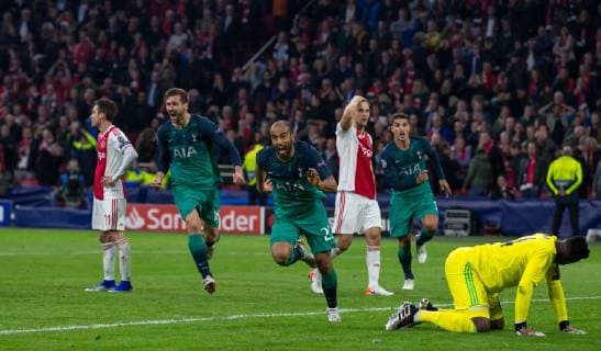Lucas Moura of Spurs celebrates scoring the winning goal during the UEFA Champions League Semi-Final 2nd leg match between Ajax and Tottenham Hotspur at Johan Cruyff Arena, ArenA Boulevard 1, 1101 AX Amsterdam, Netherlands on 8 May 2019. Copyright: xAndyxRowlandx PMI-2814-0040