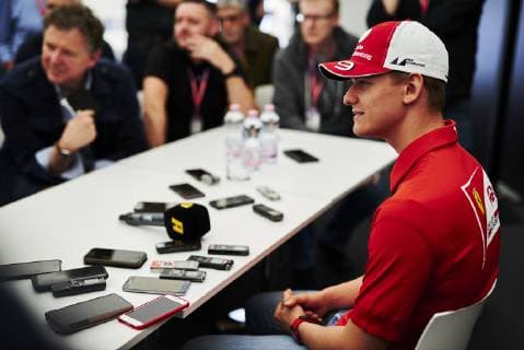 9th May 2019, Circuit de Barcelona-Catalunya, Barcelona, Spain; Formula One Grand Prix of Spain, driver arrivals and press conference PK Pressekonferenz Mick Schumacher currently competing in the FIA Formula 2 Championship with Prema Theodore Racing and son of the 7 times Formula One champion Michael Schumacher, talks with the media at the circuit of Catalunya  ActionPlus12132450 PabloxGuillen