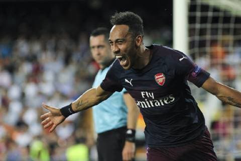 May 9, 2019 - Valencia, Spain - PIERRE-EMERICK AUBAMEYANG of Arsenal celebrates a goal during UEFA Europa League football match, between Valencia and Arsenal, in Mestalla stadium. Soccer 2019: Valencia 2:4 Arsenal - ZUMAa181 20190509_zaa_a181_617 Copyright: xAFP7x