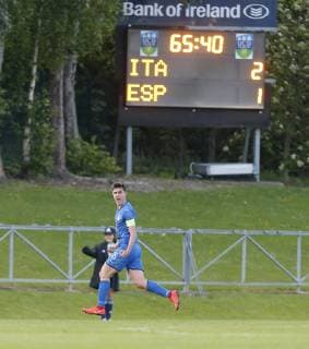 10th May 2019, UCD Bowl, Dublin, Ireland; UEFA Under 17 European Football Championships, Italy versus Spain; Lorenzo Pirola (c) of Italy U17 U 17 celebrates scoring his side third goal in the 66th minute for 3 - 1  ActionPlus12133204 PeterxFitzpatrick