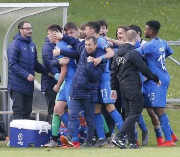 10th May 2019, UCD Bowl, Dublin, Ireland; UEFA Under 17 European Football Championships, Italy versus Spain; Lorenzo Pirola (c) of Italy U17 U 17 celebrates scoring his side third goal in the 66th minute for 3 - 1  ActionPlus12133205 PeterxFitzpatrick