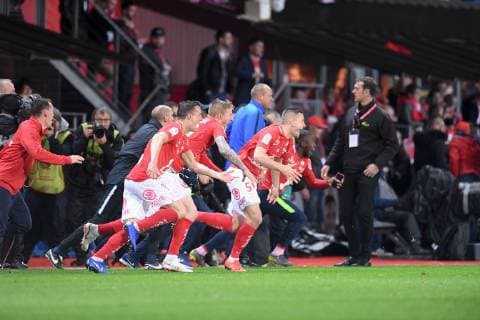JOIE - 10 GAETAN CHARBONNIER (BRE) - 05 BRENDAN CHARDONNET (BRE) - 11 EDOUARD BUTIN (BRE) FOOTBALL : Brest vs Niort - Dominos Ligue 2 - 10 05 2019 FEP Panoramic 