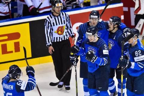 (190511) -- KOSICE, May 11, 2019 -- Kaapo Kakko (2nd R, front) of Finland celebrates after scoring a goal during the 2019 IIHF Ice hockey Eishockey World Championship WM Weltmeisterschaft group A game between Finland and Canada at Steel Arena in Kosice, Slovakia, on May 10, 2019. Finland won 3-1. ) (SP)SLOVAKIA-KOSICE-ICE HOCKEY-IIHF-WORLD CHAMPIONSHIP-GROUP A LukaszxLaskowski 