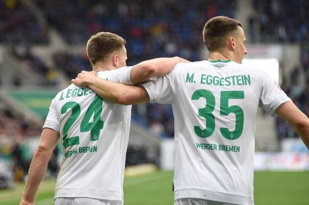 Sport Themen der Woche KW19 Sport Bilder des Tages 11.05.2019, xmeix, Fussball, 1. Bundesliga, TSG 1899 Hoffenheim - SV Werder Bremen, emspor, v.l. Jubel zum0:1 fuer Bremen durch Johannes Eggestein (SV Werder Bremen) mit Maximilian Eggestein (SV Werder Bremen) DFL regulations prohibit any use of photographs as image sequences and or quasi-video. Sinsheim *** 11 05 2019 xmeix Football 1 Bundesliga TSG 1899 Hoffenheim SV Werder Bremen emspor v l Jubel zum0 1 für Bremen by Johannes Eggestein SV Werder Bremen with Maximilian Eggestein SV Werder Bremen DFL regulations prohibit any use of photographs as image sequences and or quasi video Sinsheim prio:1