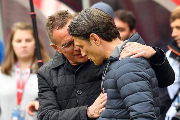 Ralf RANGNICK (Trainer L) begruesst Niko KOVAC (Trainer Bayern Muenchen). Fussball 1. Bundesliga, 33.Spieltag,Spieltag33, RB Leipzig (L) - FC Bayern Muenchen M) , am 11.05.2019 in LEIPZIG, R E D B U L L A R E N A, DFL REGULATIONS PROHIBIT ANY USE OF PHOTOGRAPHS AS IMAGE SEQUENCES AND OR QUASI-VIDEO.